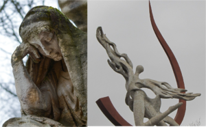 Picture of stone angel bowed down with despair, next to a floating sculpture of Winged hope